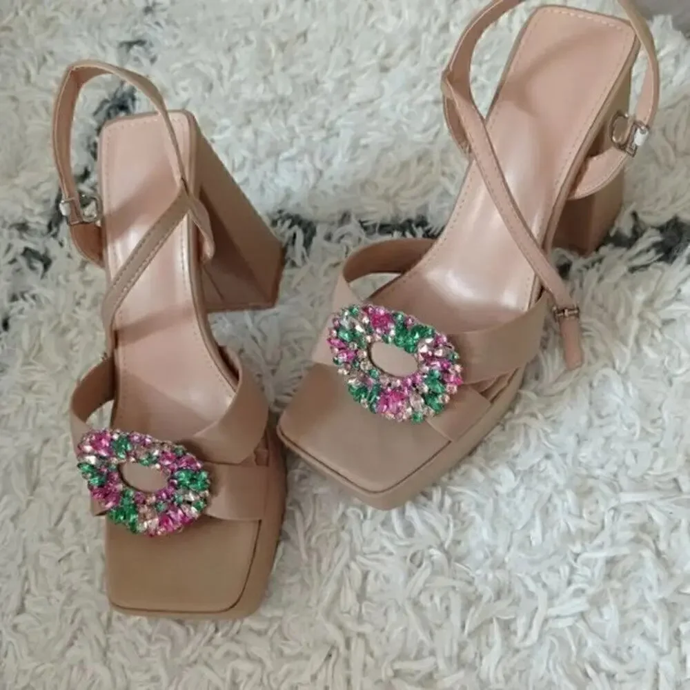 ZARA Nude Platform Block Heel Sandals Rhinestone Jewel Buckle NWT Size 8